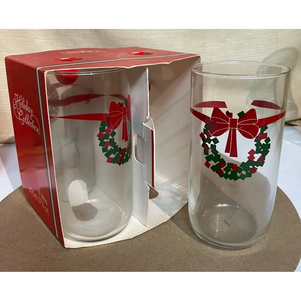 Libbey Glassware 2 Sets of four 17.5oz Clear Excellent Christmas Wreath Tree 8pc